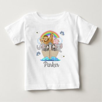 Noahs Ark Animals Rainbow Birthday Kids Name Baby T-shirt by decampstudios at Zazzle