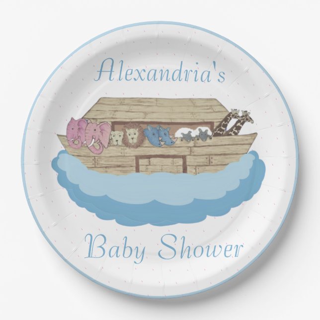 Noah's Ark Baby Boy Blue  Baby Shower Paper Plates (Front)