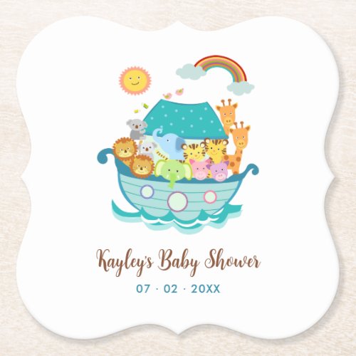 Noahs Ark Baby Shower Boys Personalized Paper Coaster