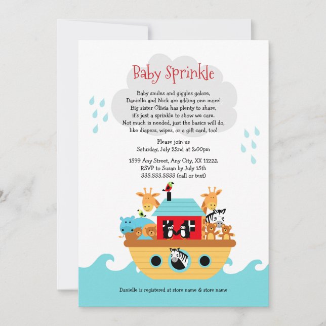 Noah's Ark Baby sprinkle invite, baby shower Invitation (Front)