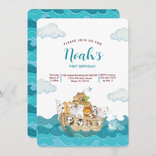 Noah's Ark Birthday invitation. Invitation (Front/Back)