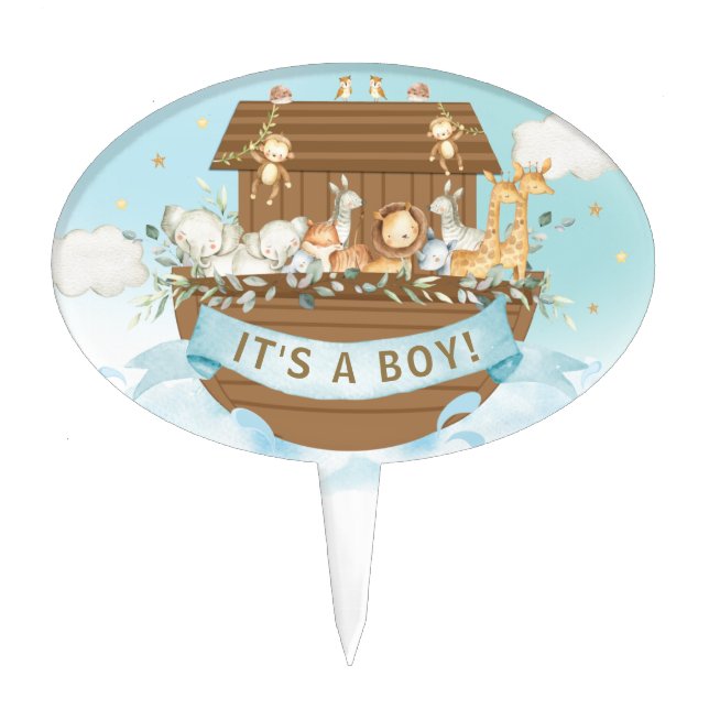 Noah's Ark Blue Baby Shower It's a Boy Decor Cake Topper (Front)
