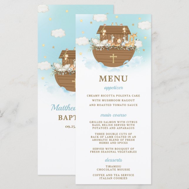Noah's Ark Blue Baptism Birthday Baby Shower Menu (Front/Back)