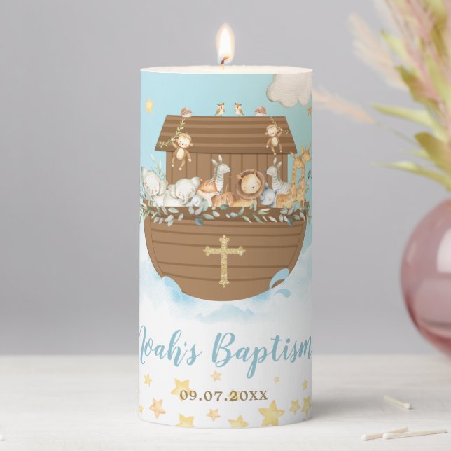 Noah's Ark Blue Baptism Christening 1st Birthday Pillar Candle (In Situ)