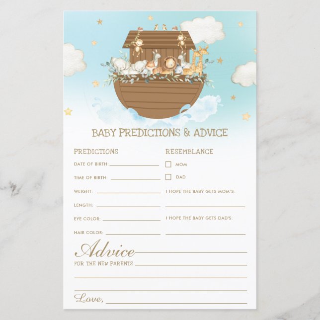Noah's Ark Blue Boy Baby Predictions & Advice Game (Front)