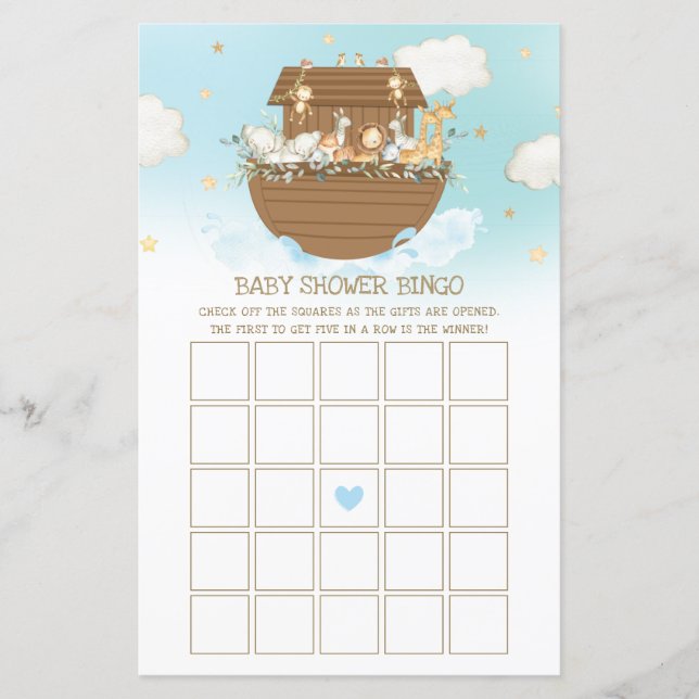 Noah's Ark Blue Boy Baby Shower Bingo Game (Front)