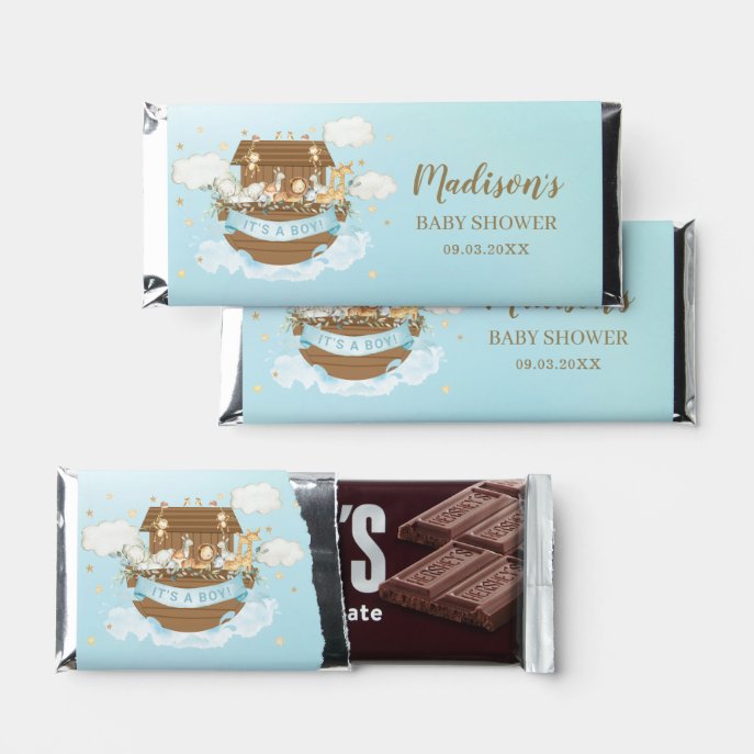 Noah's Ark Blue Boy Baby Shower Thank You                    Hershey Bar Favors