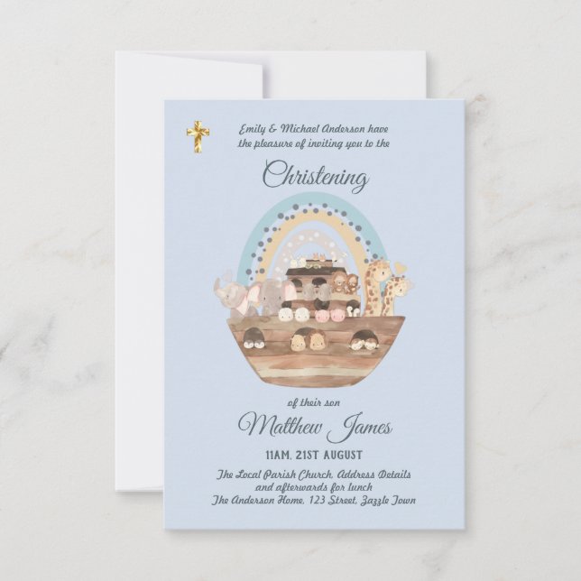 Noah's Ark Blue Boys Christening Invite Baptism  (Front)