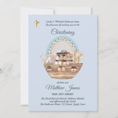 Noahs Ark Blue Boys Christening Invite Baptism 