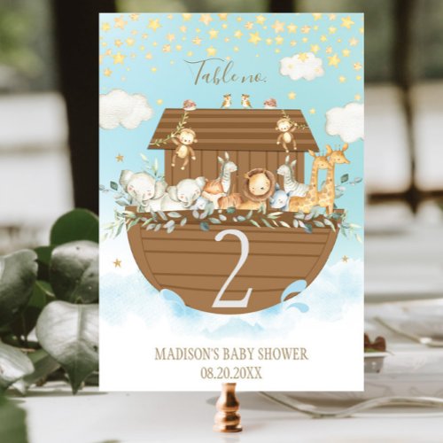 Noahs Ark Blue Cute Animals Baptism Baby Shower Table Number