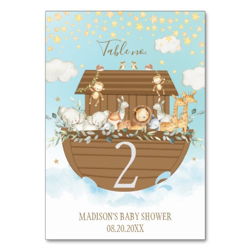 Noahs Ark Blue Cute Animals Baptism Baby Shower Table Number