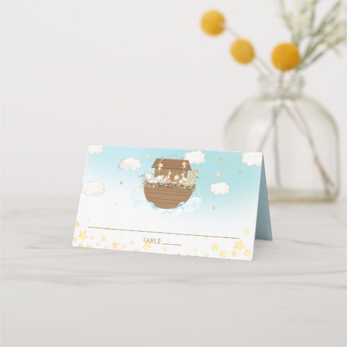 Noahs Ark Blue Cute Animals Birthday Baby Shower Place Card