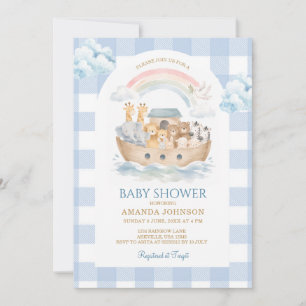 Noah's Ark Blue Gingham Rainbbow Baby Shower Invitation