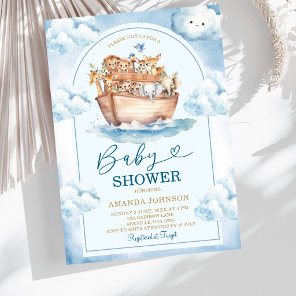 Noah's Ark Blue Watercolor Baby Shower Invitation