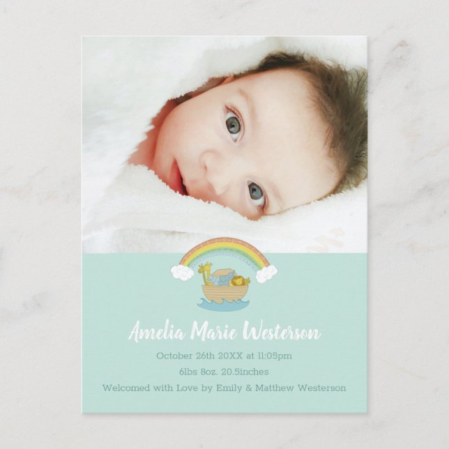 Noah's Ark Boho Baby Birth Announcement Postcard (Front)