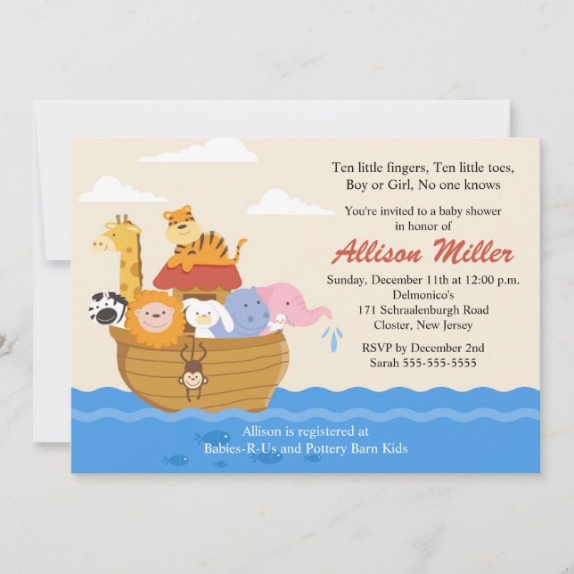 Noah's Ark Boy or Girl Baby Shower Invitation (Front)