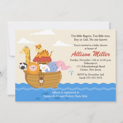 Noah's Ark Boy or Girl Baby Shower Personalized Invite