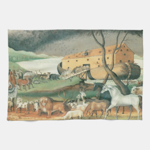 Noah's Ark by Edward Hicks, Vintage Folk Art Kitchen Towel