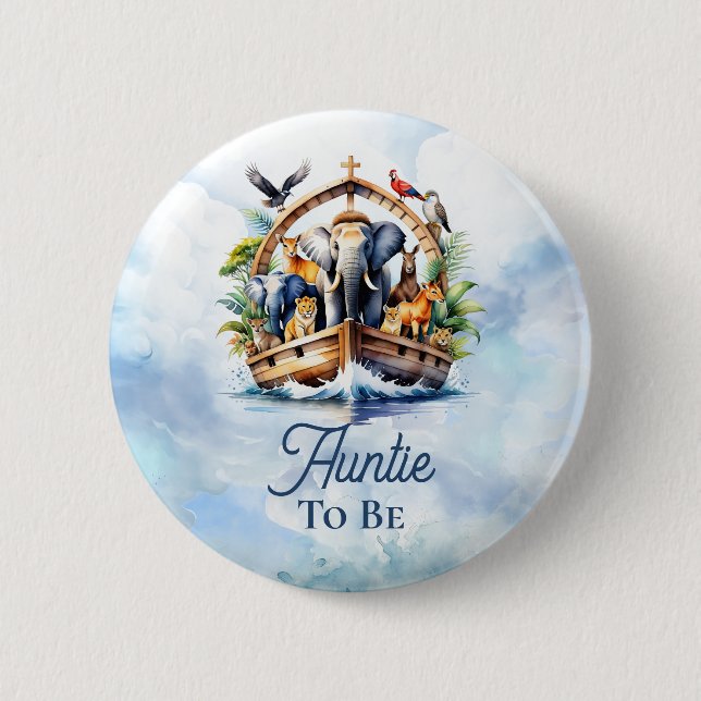Noah's Ark Cute Animals Blue Boy Auntie to Be Button (Front)