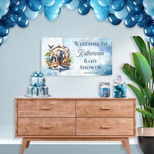 Noahs Ark Cute Animals Blue Boy Baby Shower Banner