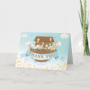 Noah's Ark Cute Animals Blue Boy Baby Shower Letterpress Thank You Card