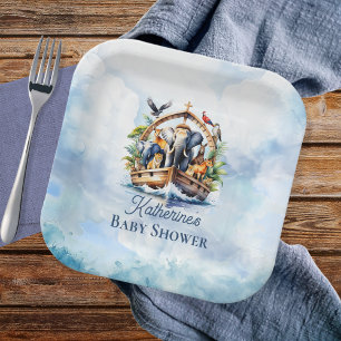 Noah's Ark Cute Animals Blue Boy Baby Shower Paper Plates