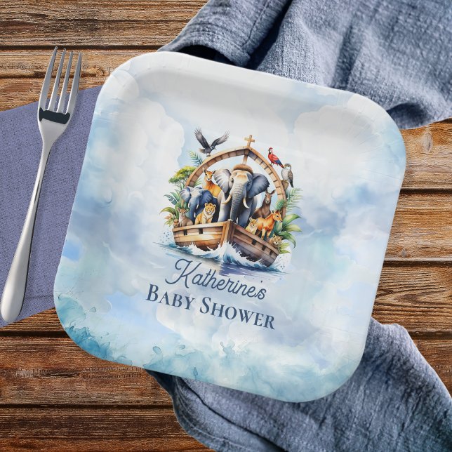 Noah's Ark Cute Animals Blue Boy Baby Shower Paper Plates (Noah's Ark Cute Animals Boy Baby Shower Paper Plates)