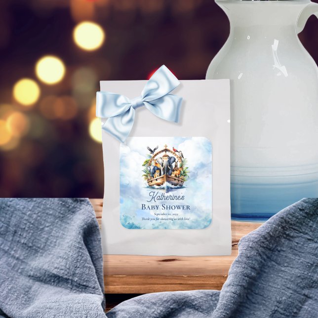 Noah's Ark Cute Animals Blue Boy Baby Shower Square Sticker (Noah's Ark Cute Animals Blue Boy Baby Shower Favor Square Sticker)