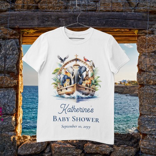 Noahs Ark Cute Animals Blue Boy Baby Shower T_Shirt