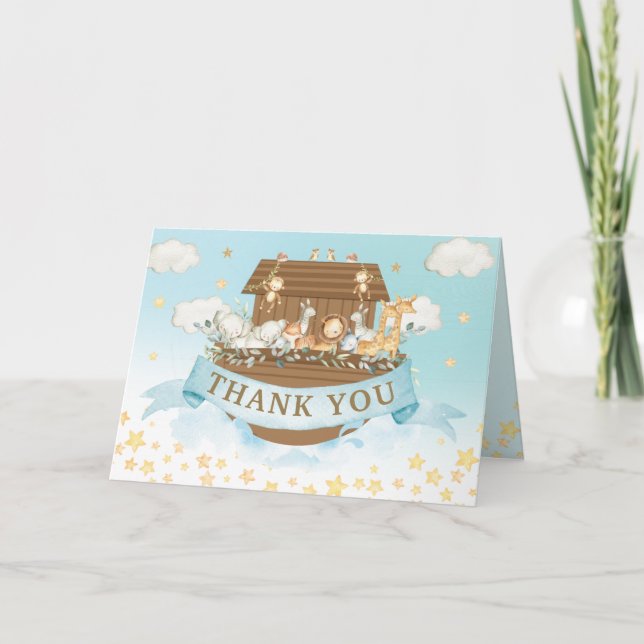Noah's Ark Cute Animals Blue Boy Baby Shower Thank You Card (Front)