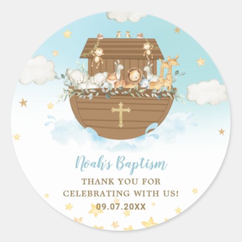 Noahs Ark Cute Animals Blue Boy Baptism Favor Classic Round Sticker