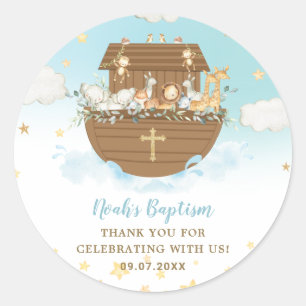 Noah's Ark Cute Animals Blue Boy Baptism Favor Classic Round Sticker