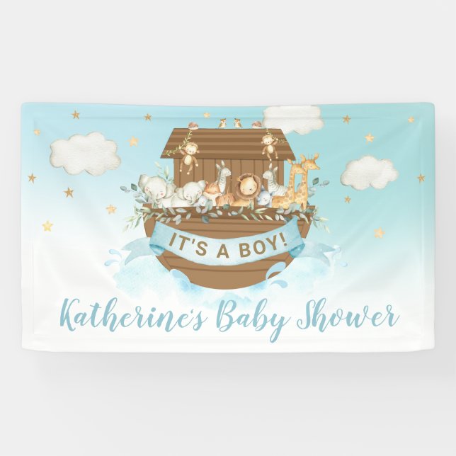 Noah's Ark Cute Animals Boy Baby Shower Backdrop Banner (Horizontal)