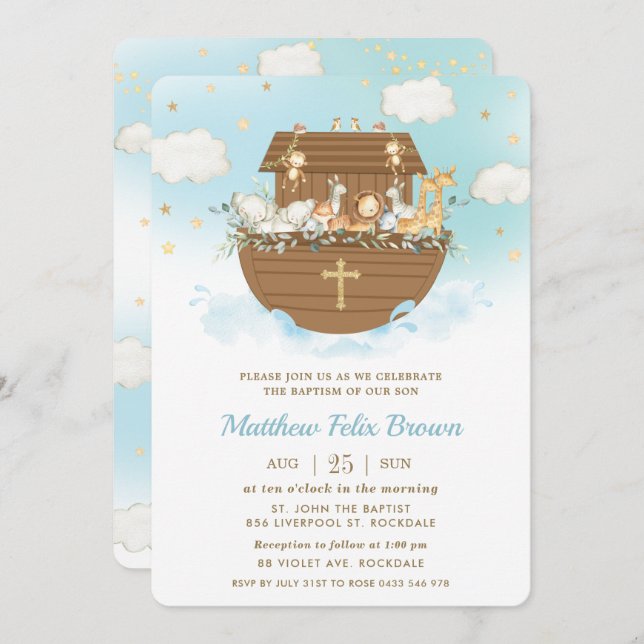 Noah's Ark Cute Animals Boy Baptism Christening Invitation (Front/Back)