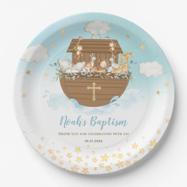 Noah's Ark Cute Animals Boy Baptism Christening Paper Plates (Front)