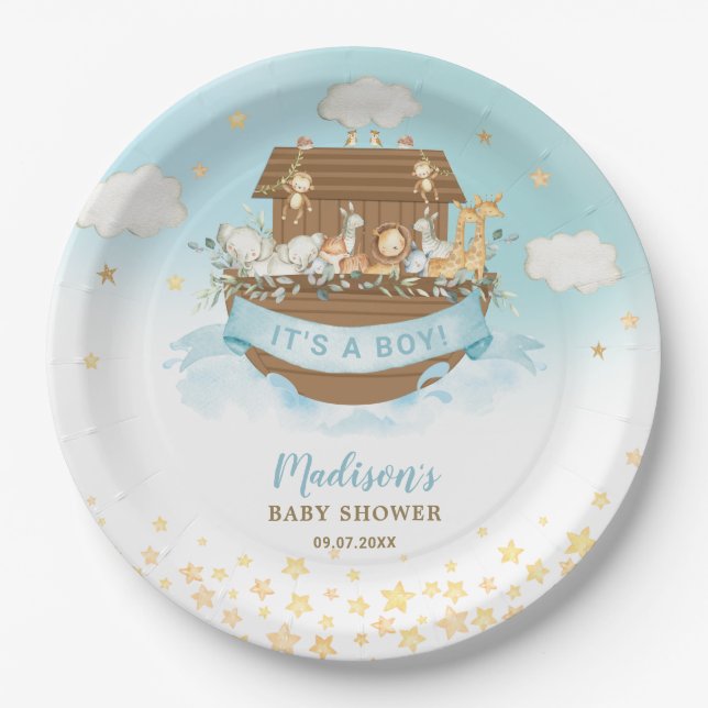 Noah's Ark Cute Animals Boy Birthday Baby Shower Paper Plates (Front)