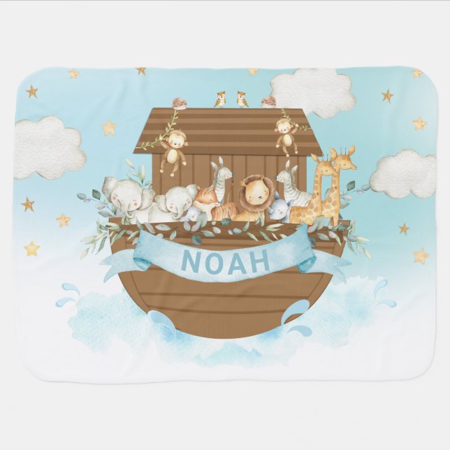 Noah's Ark Cute Animals Boy Nursery Sky Blue  Baby Blanket (Horizontal)