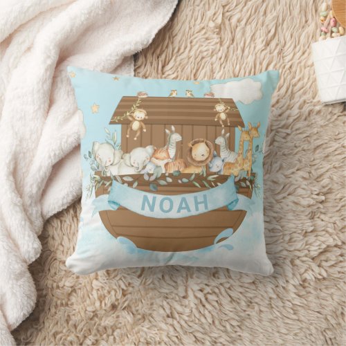Noahs Ark Cute Animals Boy Nursery Sky Blue  Throw Pillow