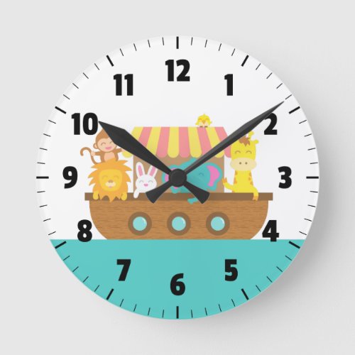 Noahs Ark Cute Animals for Kids Room Round Clock