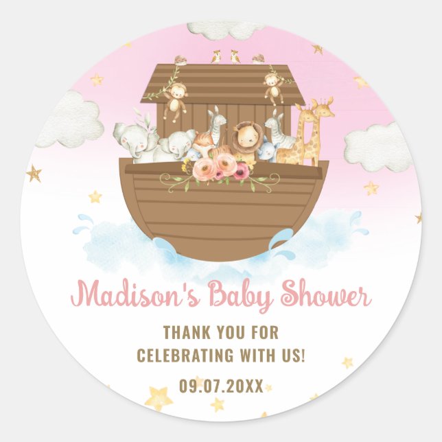 Noah's Ark Cute Animals Girl Baby Shower Favor Classic Round Sticker (Front)