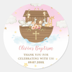 Noah's Ark Cute Animals Girl Baptism Christening  Classic Round Sticker