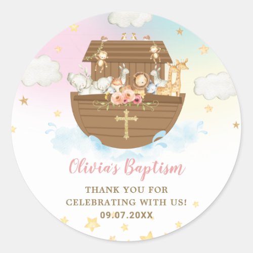 Noahs Ark Cute Animals Girl Baptism Christening   Classic Round Sticker