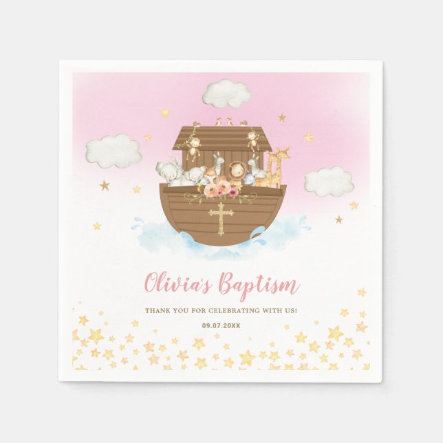 Noah's Ark Cute Animals Girl Baptism Christening  Napkins (Front)