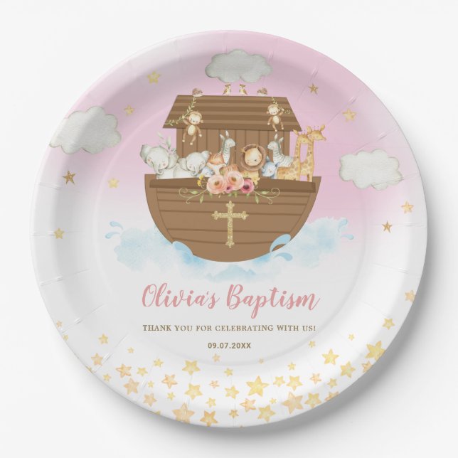 Noah's Ark Cute Animals Girl Baptism Christening  Paper Plates (Front)