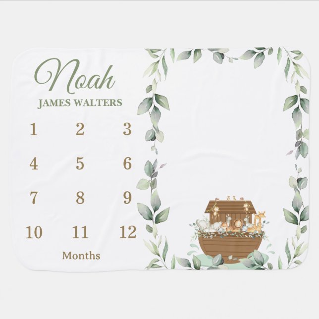 Noah's Ark Cute Animals Greenery Monthly Milestone Baby Blanket (Horizontal)
