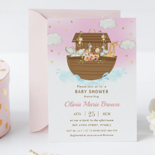Noah's Ark Cute Animals Pink Girl Baby Shower Invitation