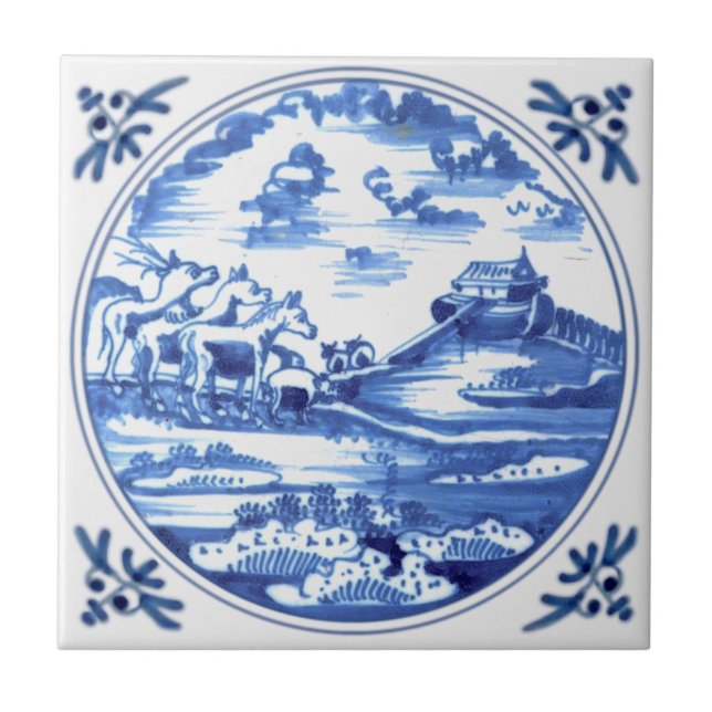 Noah's Ark Delft Blue Bible Story Antique Repro Ceramic Tile (Front)