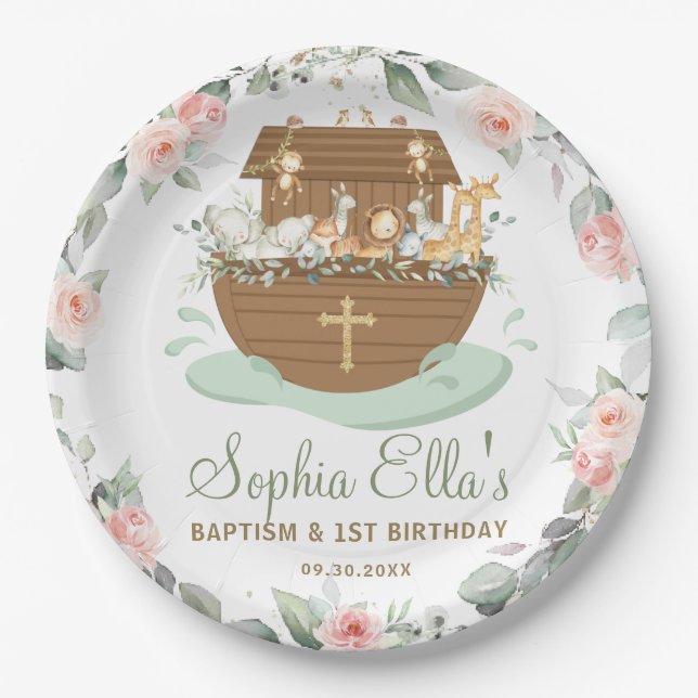 Noah's Ark Floral Baptism Christening Birthday  Paper Plates (Front)