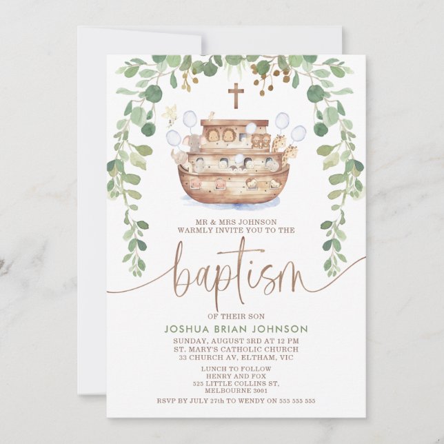 Noah's Ark Foliage Boys Baptism Invitation (Front)