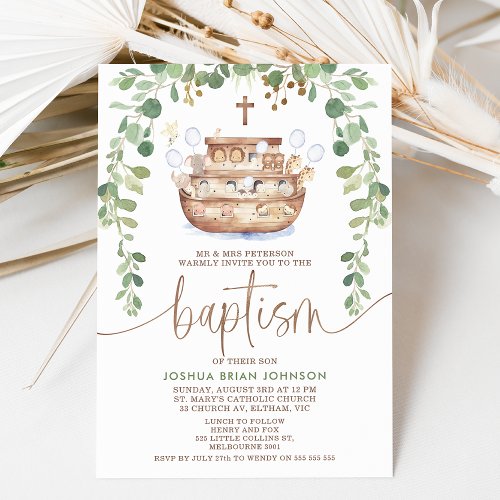 Noahs Ark Foliage Boys Baptism Invitation